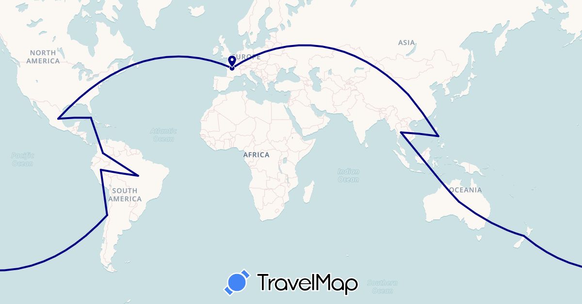 TravelMap itinerary: driving in Australia, Brazil, Chile, China, Colombia, Cuba, France, Mexico, New Zealand, Peru, Philippines, Thailand (Asia, Europe, North America, Oceania, South America)