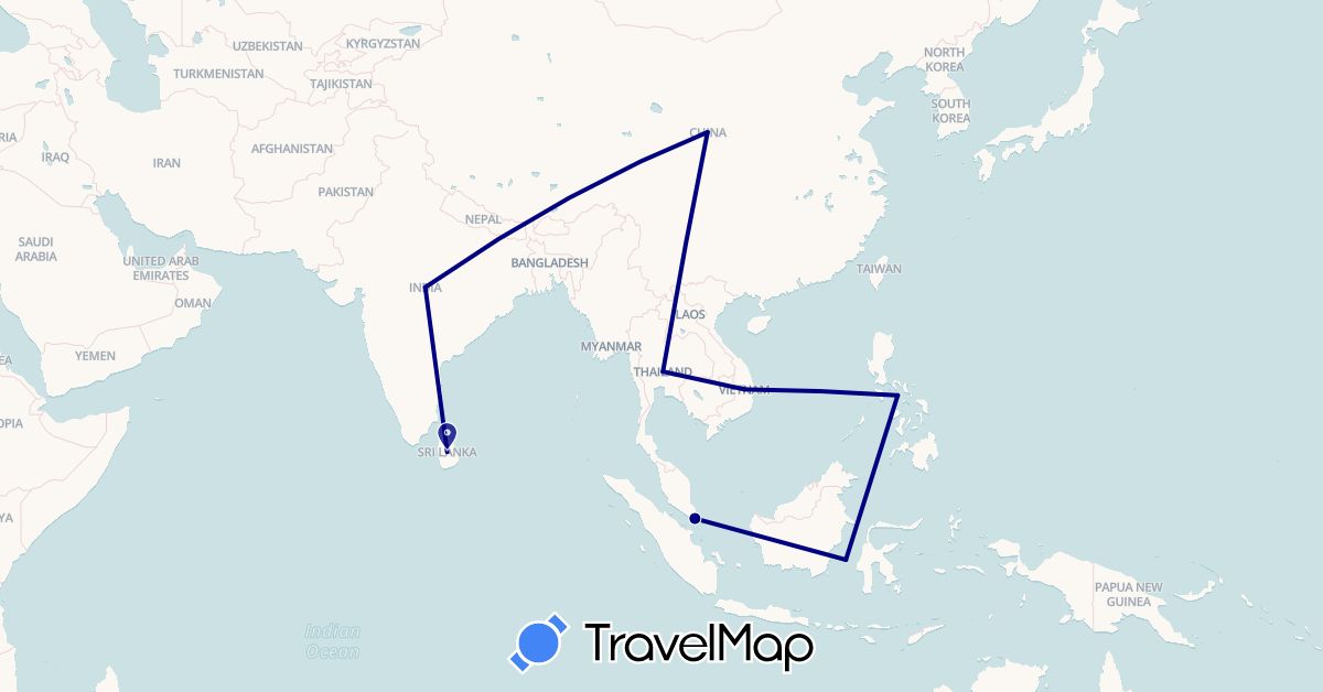 TravelMap itinerary: driving in China, Indonesia, India, Sri Lanka, Philippines, Singapore, Thailand, Vietnam (Asia)