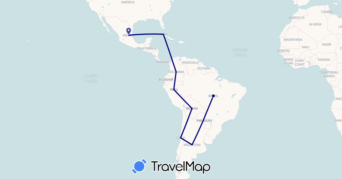 TravelMap itinerary: driving in Argentina, Bolivia, Brazil, Chile, Colombia, Cuba, Mexico, Peru (North America, South America)